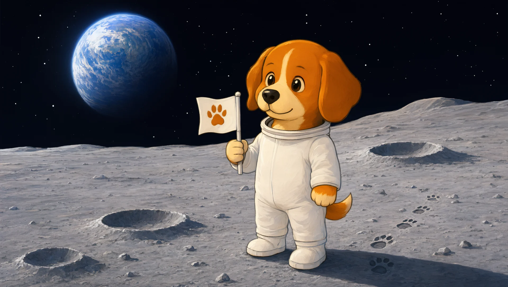 A cartoon puppy in a space suit holding a paw print flag on the moon, with Earth behind it